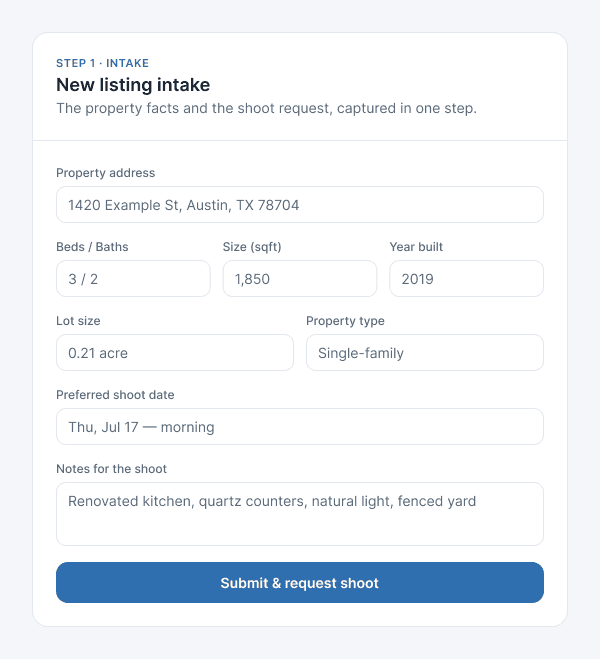 Intake form: property address, beds and baths, size, year built, shoot date, and shoot notes, ending in a Submit & request shoot button