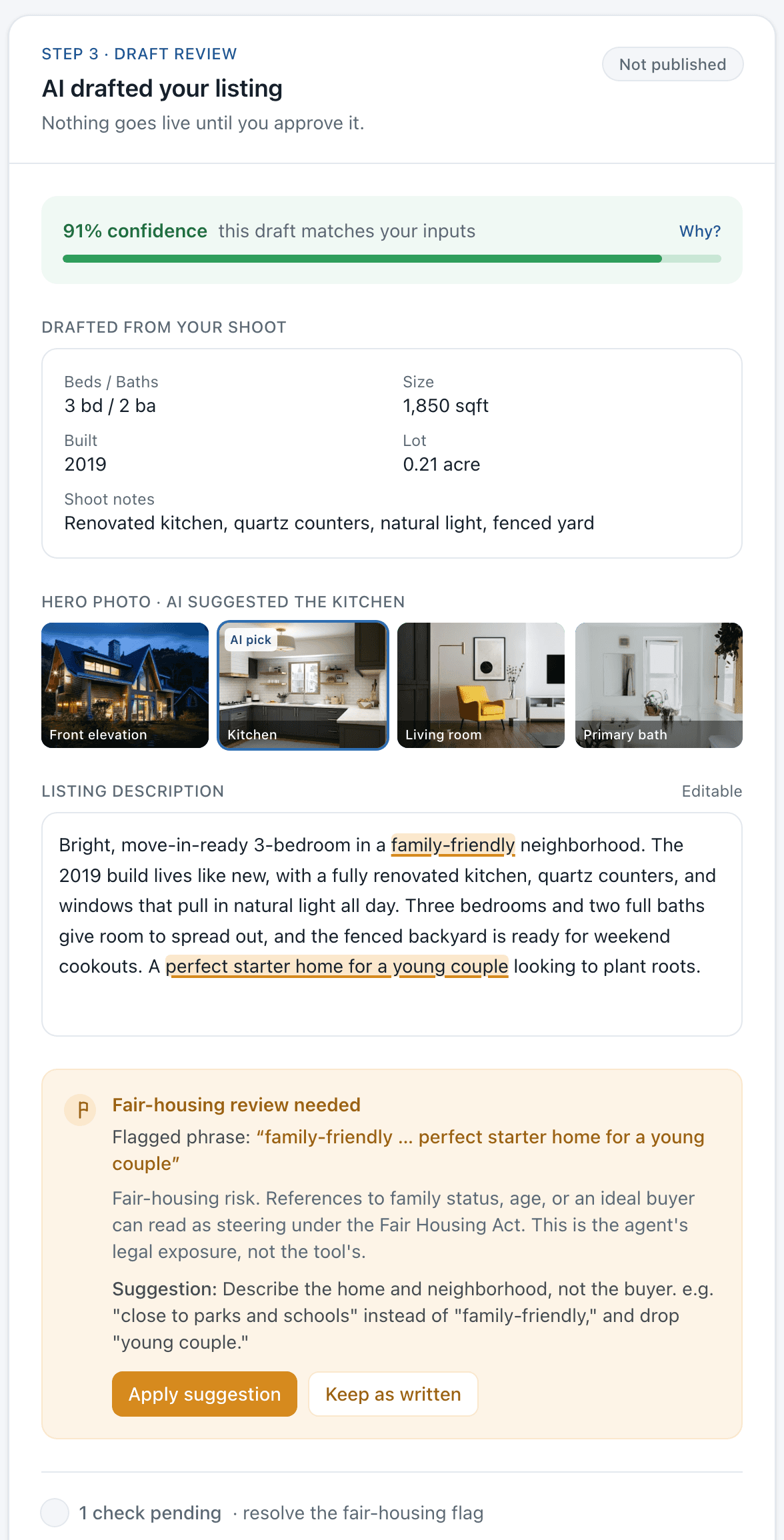 The real draft-review card running in the browser: Not published status, 91% confidence bar, the property facts the AI drafted from, and the hero photo strip with the AI pick on the kitchen